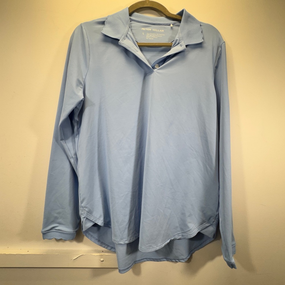 Peter Millar Long Sleeve Polo Shirt Women Large Blue Stretch Scalloped Preppy